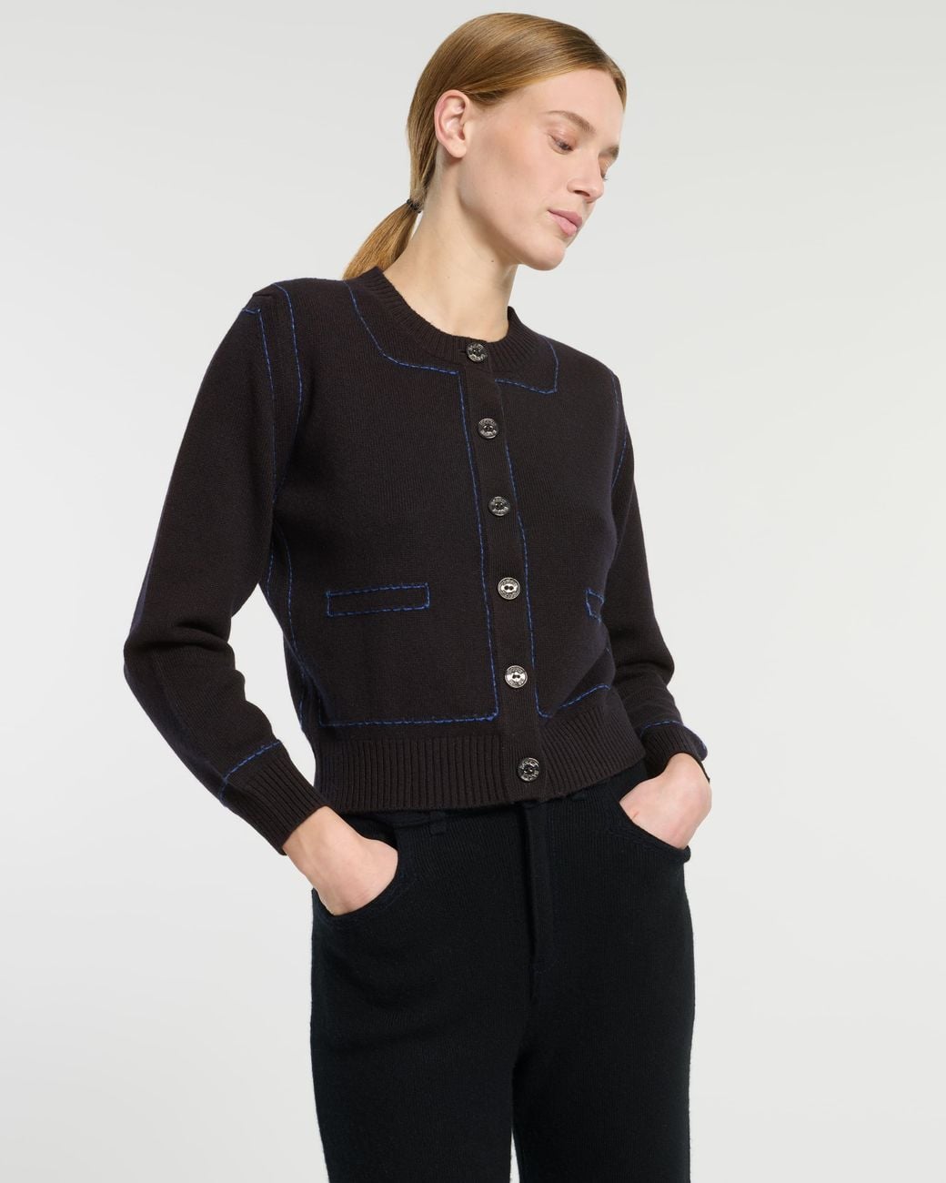 Barrie Black Cashmere Cardigan With Contrasting Topstitching