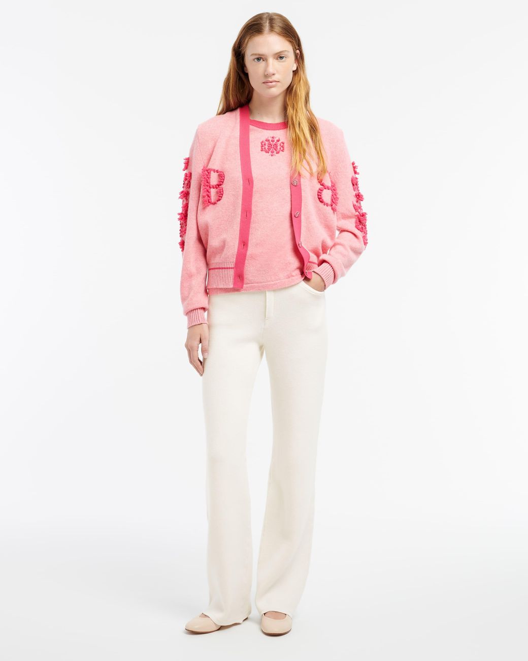 Barrie Pink Mottled Cashmere B Logo V-Neck Cardigan