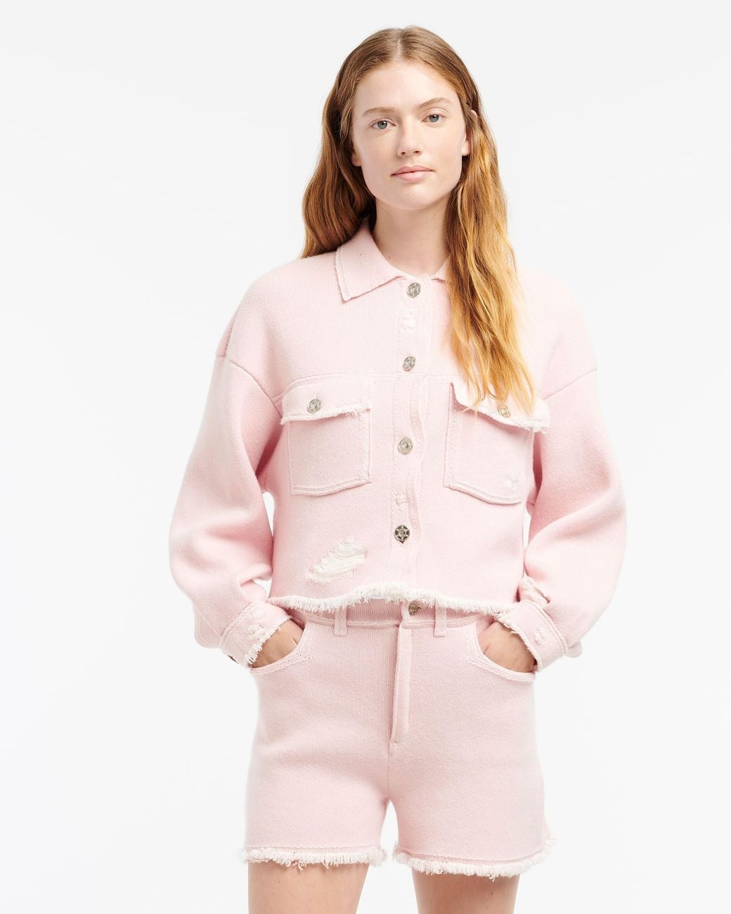 Barrie Pink Denim Fringed Cashmere And Cotton Shorts