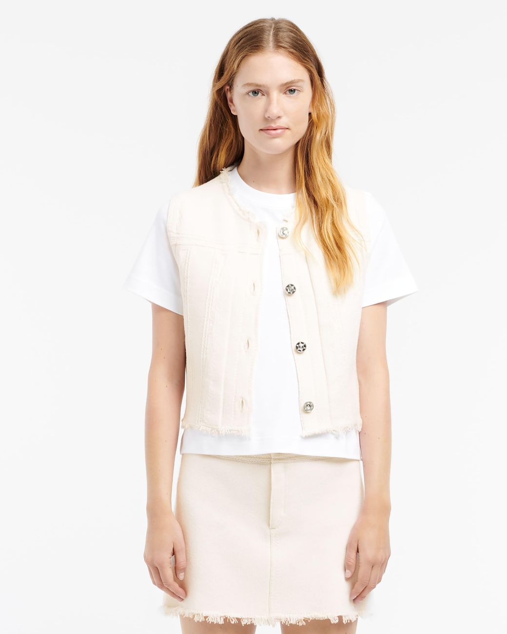 Barrie White Denim Fringed Cashmere And Cotton Sleeveless Jacket