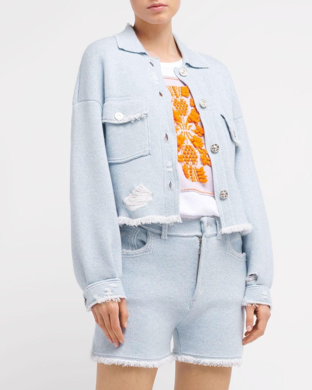 Barrie Blue Denim Fringed Cashmere And Cotton Jacket