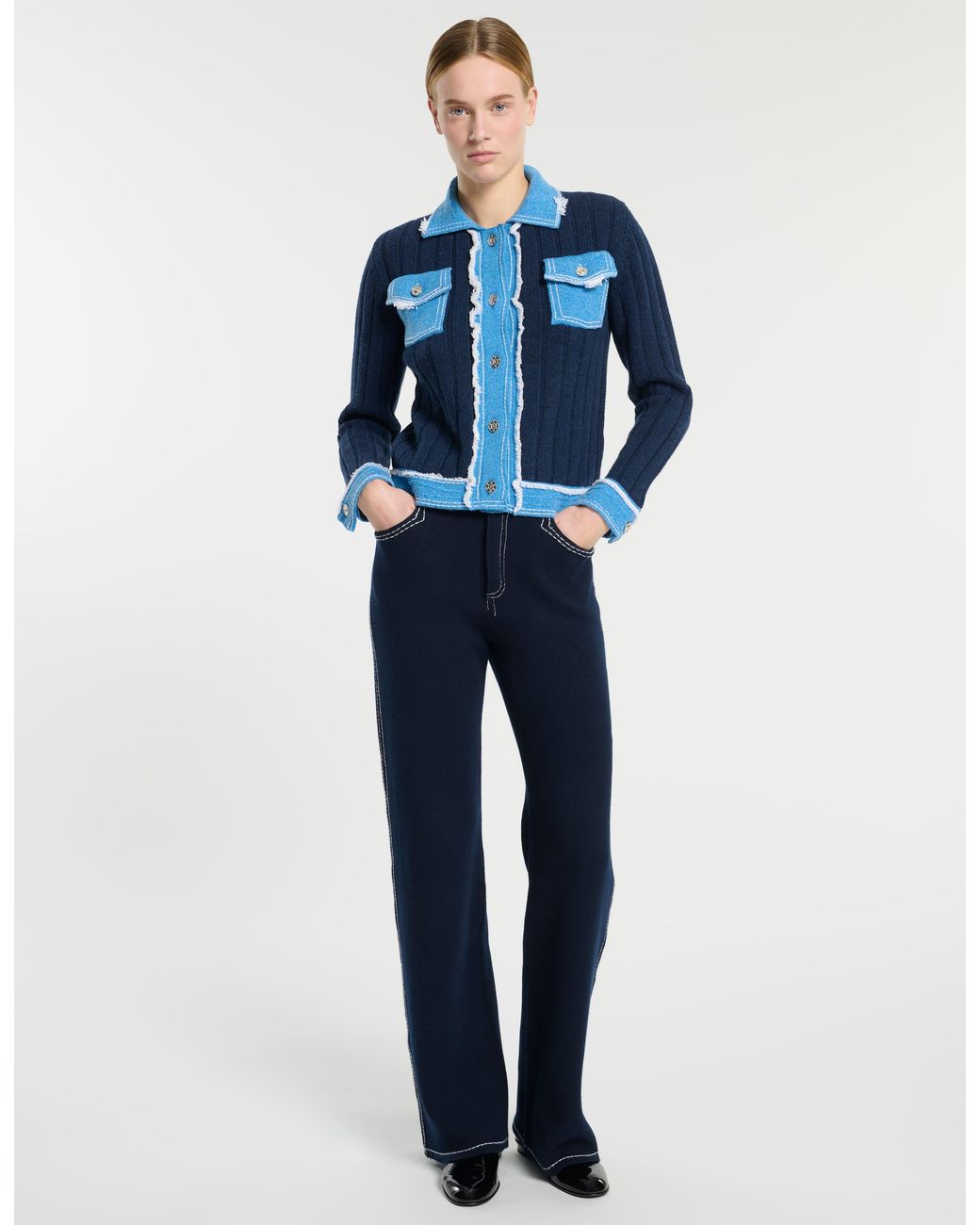 Barrie Blue Denim Jacket In Ribbed Knit