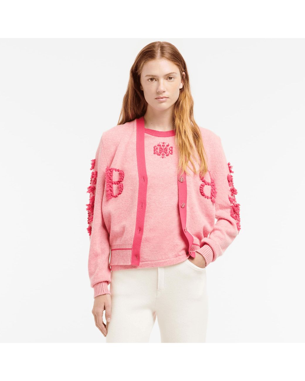 Barrie Pink Mottled Cashmere B Logo V-Neck Cardigan