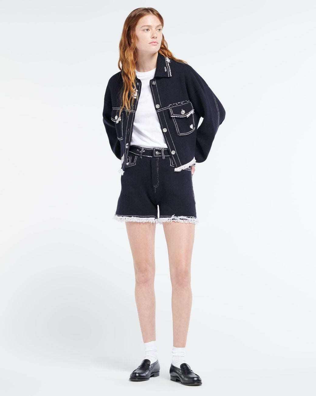 Barrie Blue Denim Fringed Cashmere And Cotton Jacket