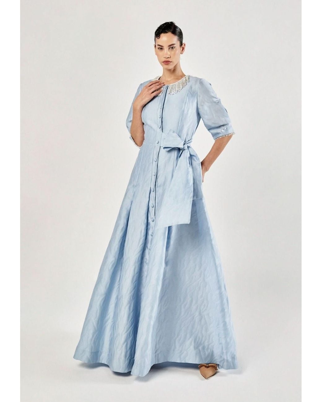 Baruni Blue Farrah Gown: Elbow Sleeve Jacquard Shirt Gown For Wedding Guests