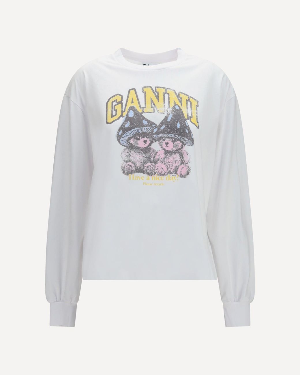 Ganni White Teddy Mushroom Long-Sleeve Cotton T-Shirt