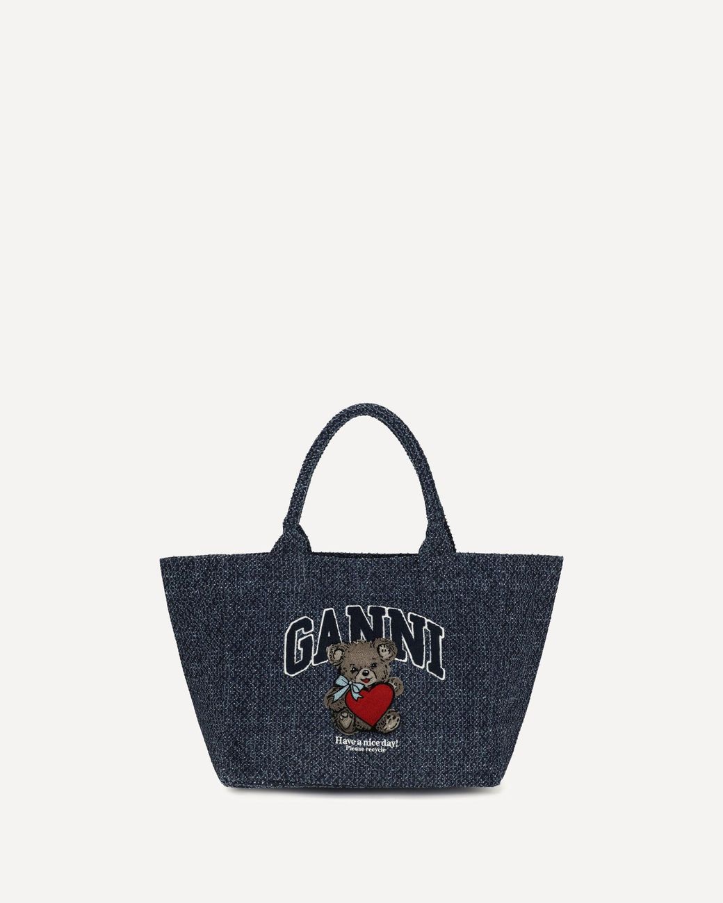 Ganni Blue Medium Denim Tote Bag With Bear