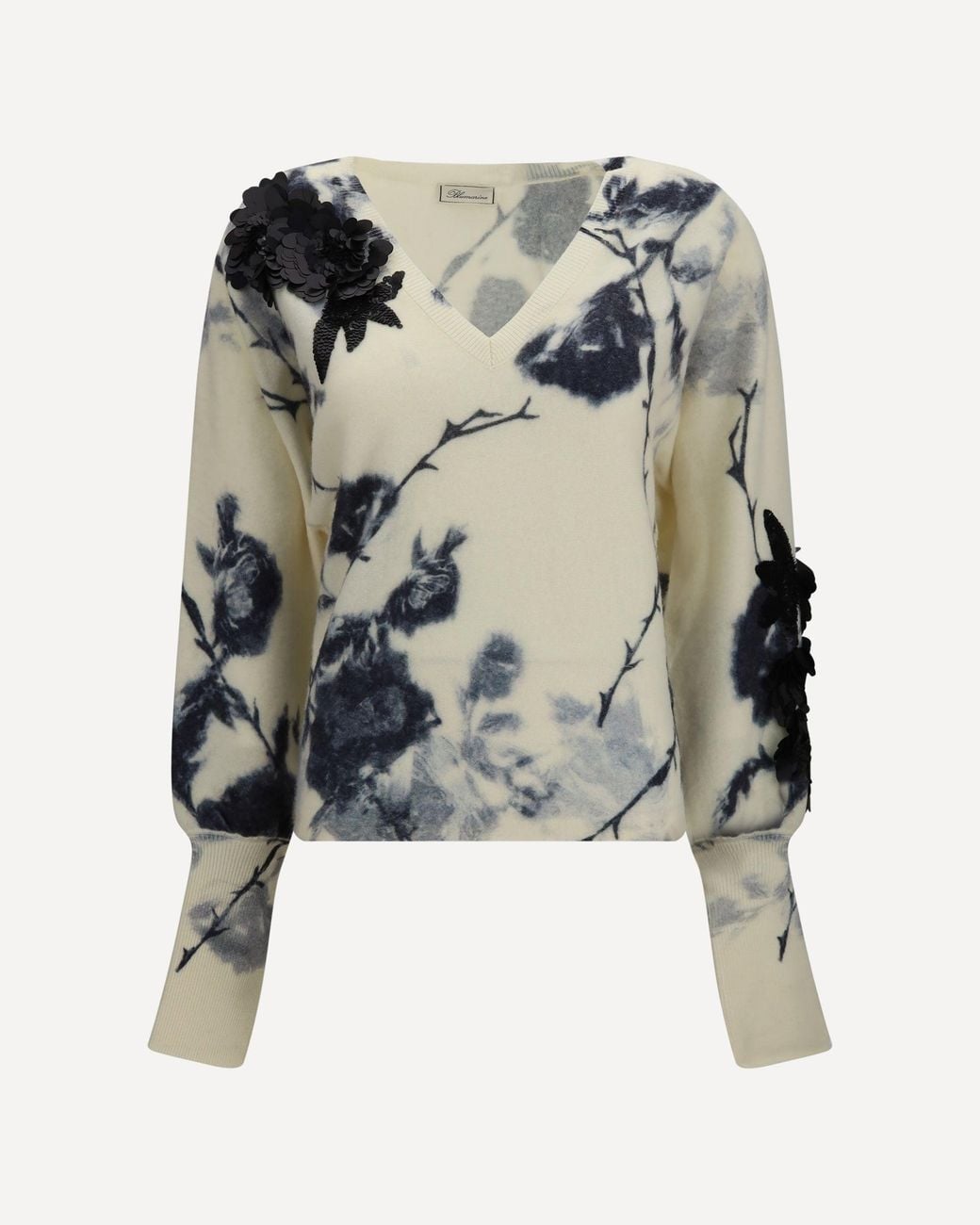 Blumarine White Wool And Cashmere Sweater With Applied Roses