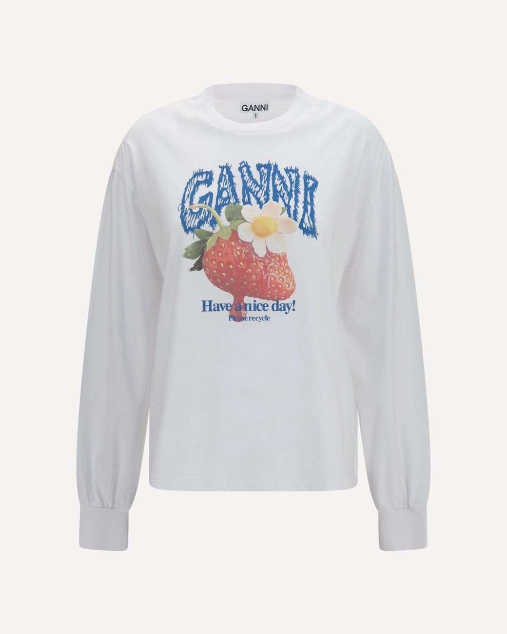 Ganni White Strawberry Long-Sleeve Cotton T-Shirt