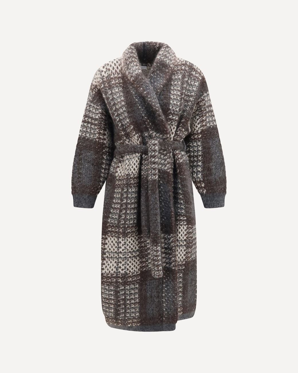 Brunello Cucinelli Gray Macrocheck Mohair Blend Coat With Belt
