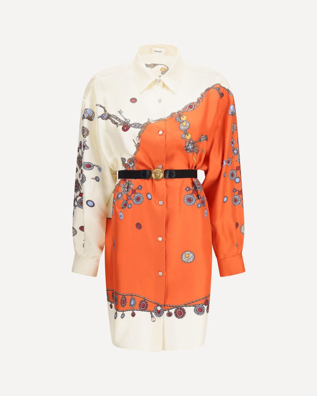 Versace Orange Printed Silk Shirt Mini Dress