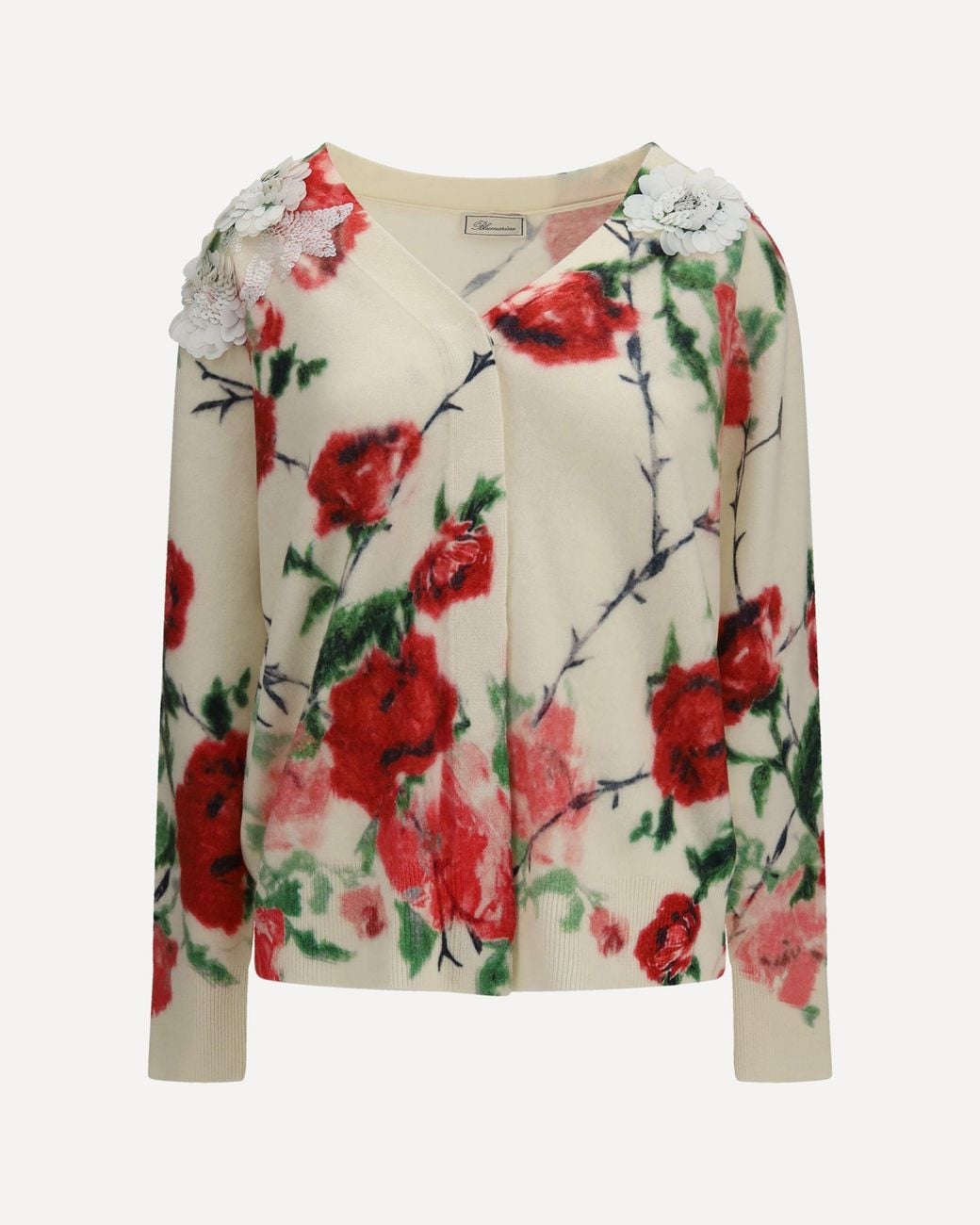 Blumarine Natural Wool And Cashmere Sweater With Applied Roses