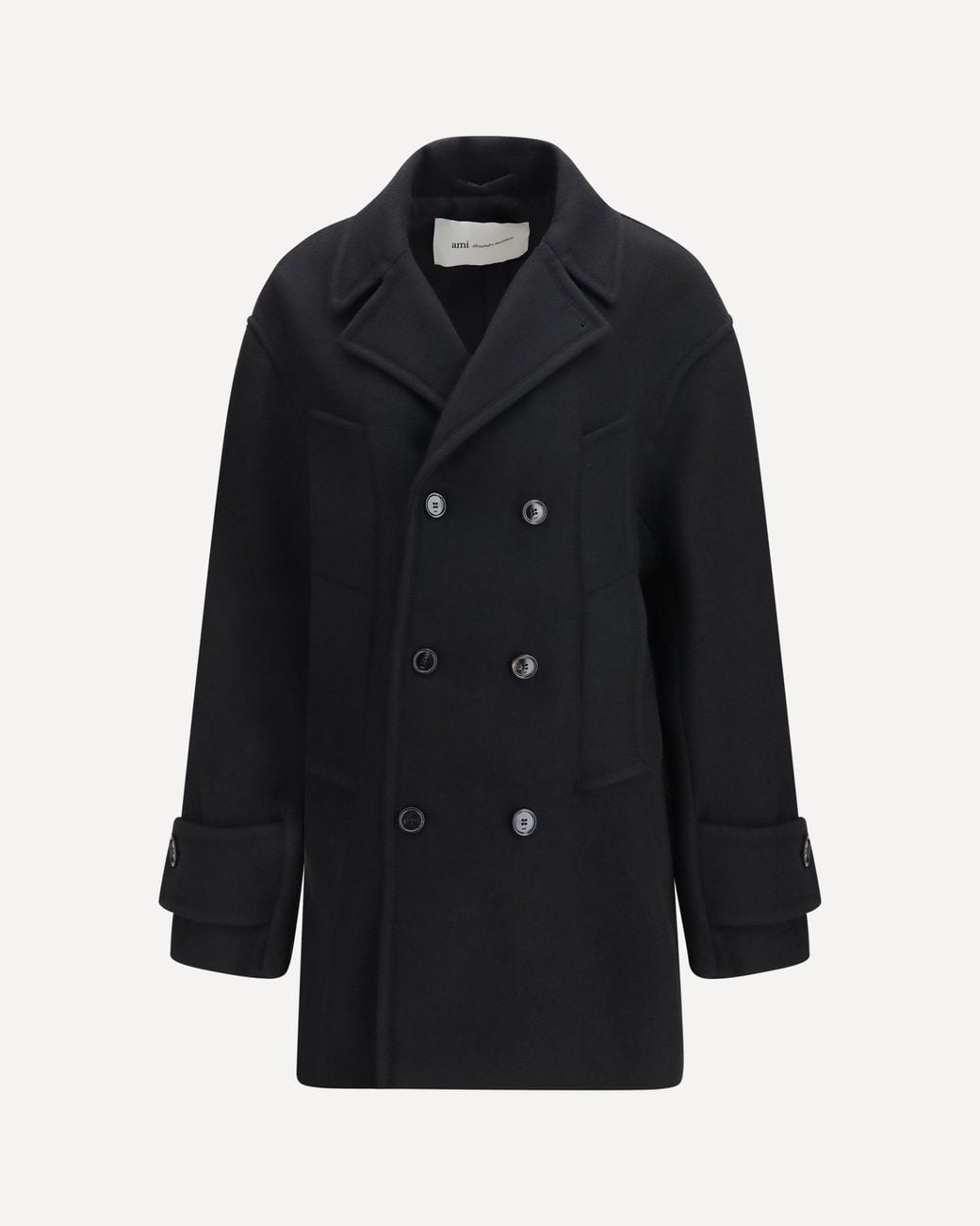 AMI Black Virgin Wool Short Caban Coat
