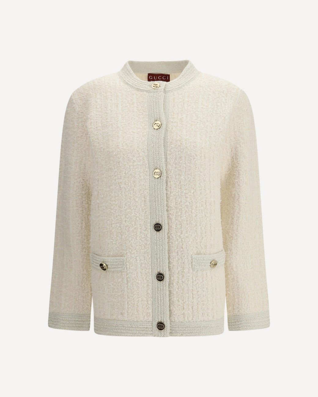 Gucci White Bouclé Lamé Wool Cardigan