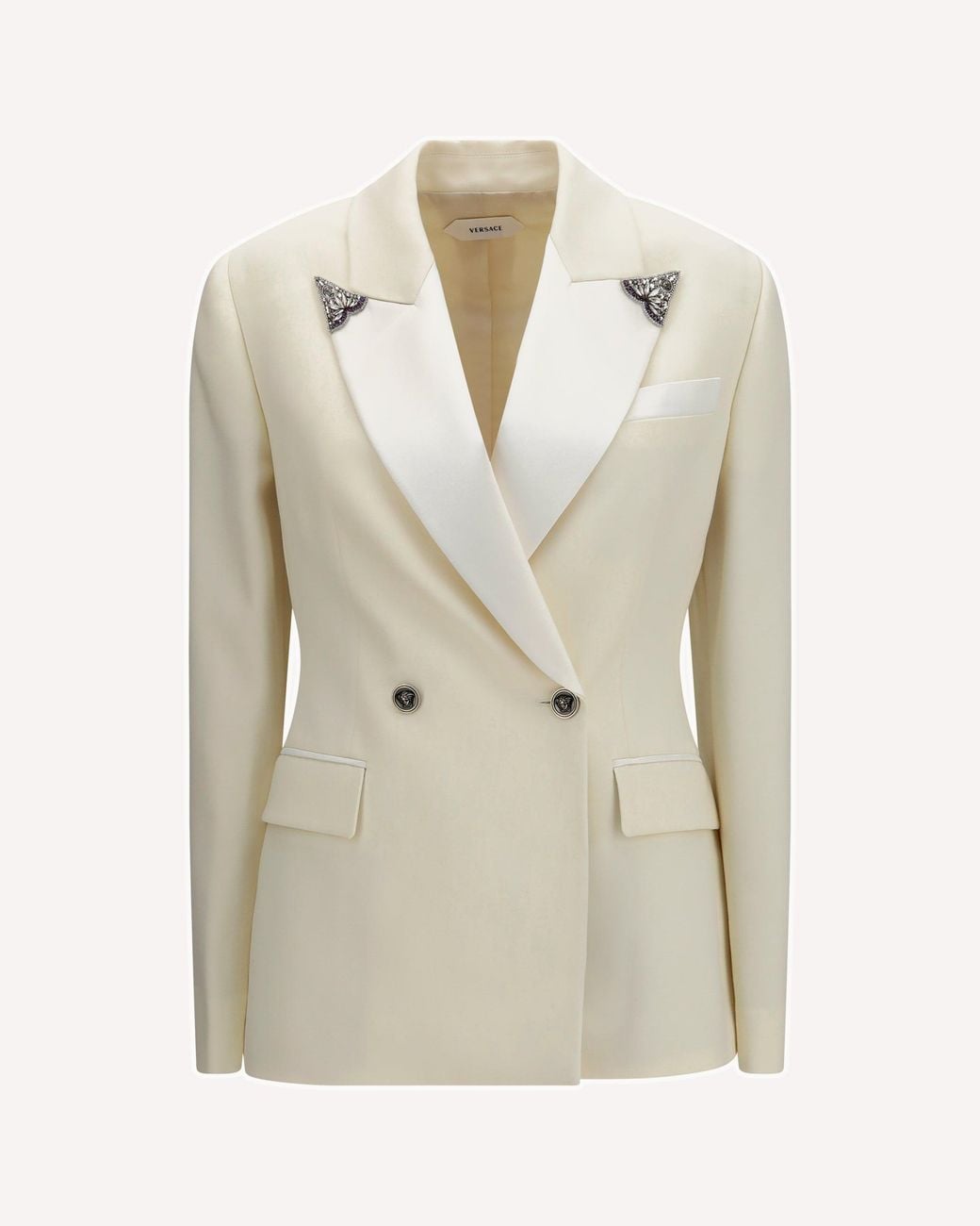 Versace Natural Stretch Wool Blazer With Embroidered Lapels
