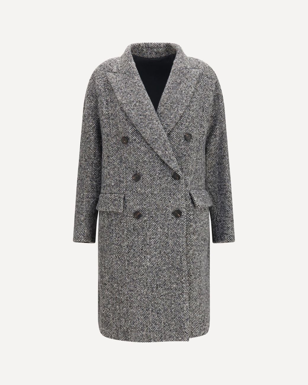 Brunello Cucinelli Gray Double-Breasted Wool And Alpaca Blend Coat With Sequins