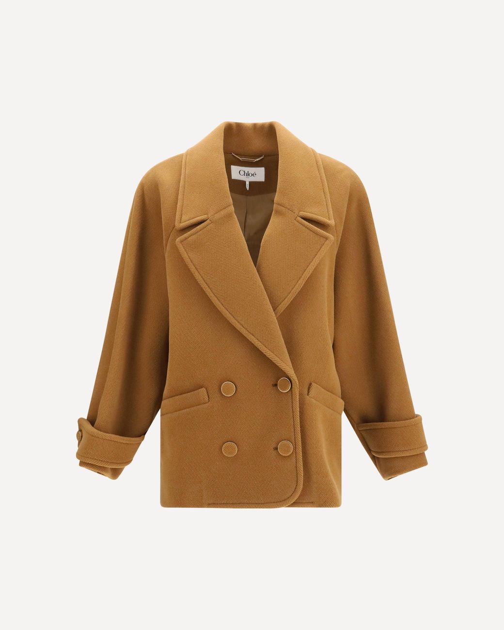 Chloé Natural Double-Breasted Herringbone Wool Short Coat