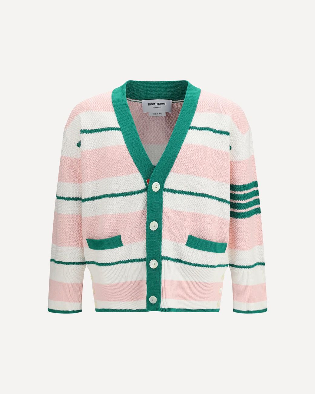 Thom Browne White Classic Stripe Seed Stitch V Neck Cardigan for men