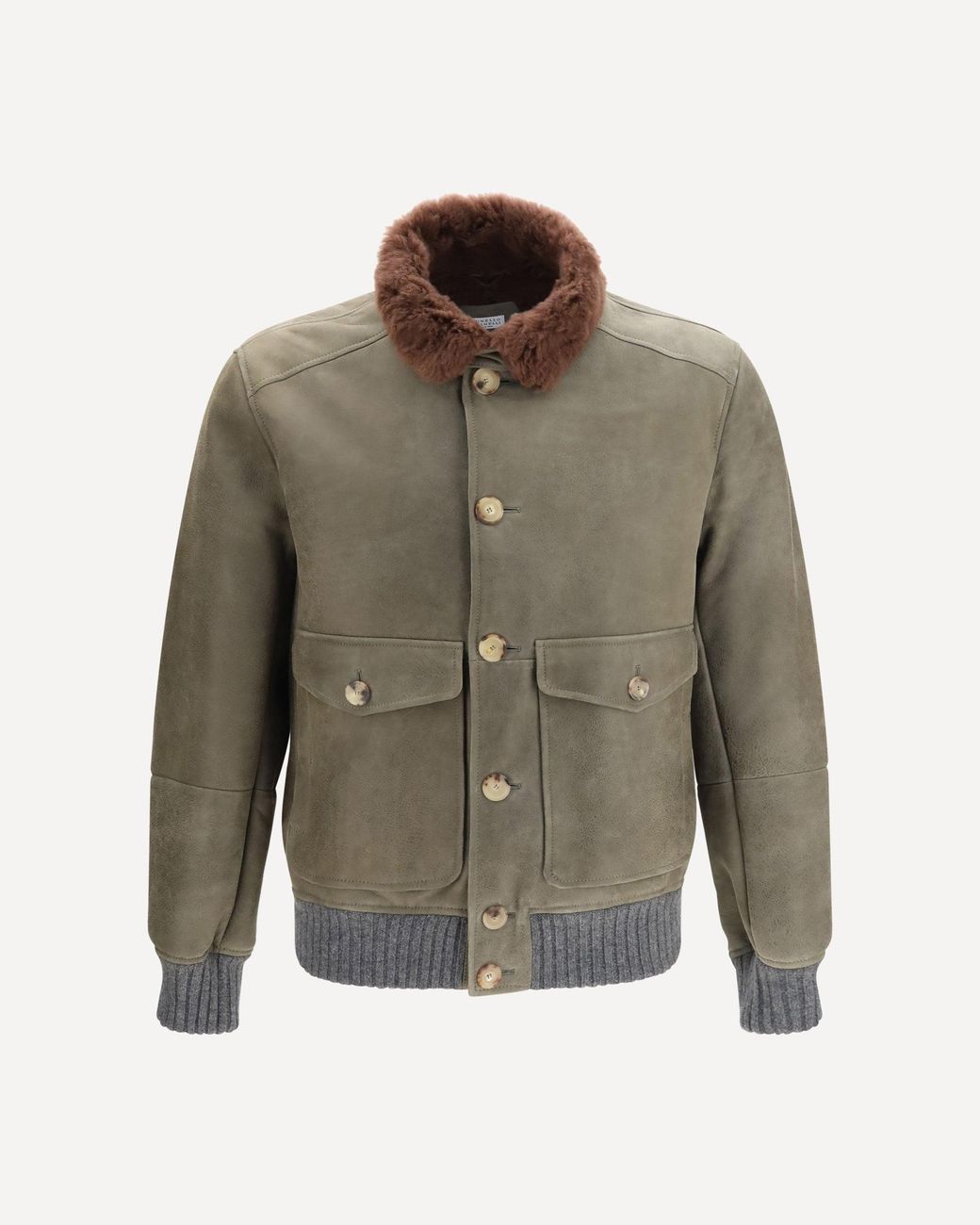 Brunello Cucinelli Green Waxed Shearling Jacket With Shearling Collar for men
