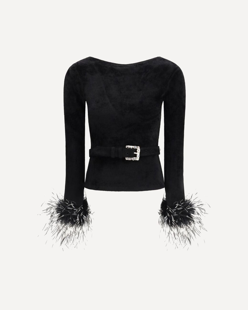 Self-Portrait Black Feather-Trimmed Chenille Knit Top