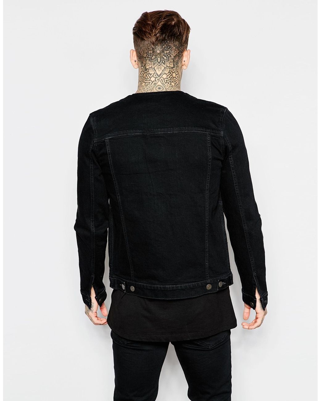 ASOS Collarless Denim Jacket in Black 