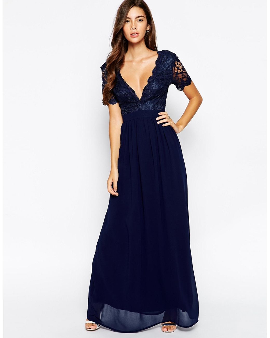 Club L Maxi Dress With Scallop Lace Plunge - Navy in Blue | Lyst