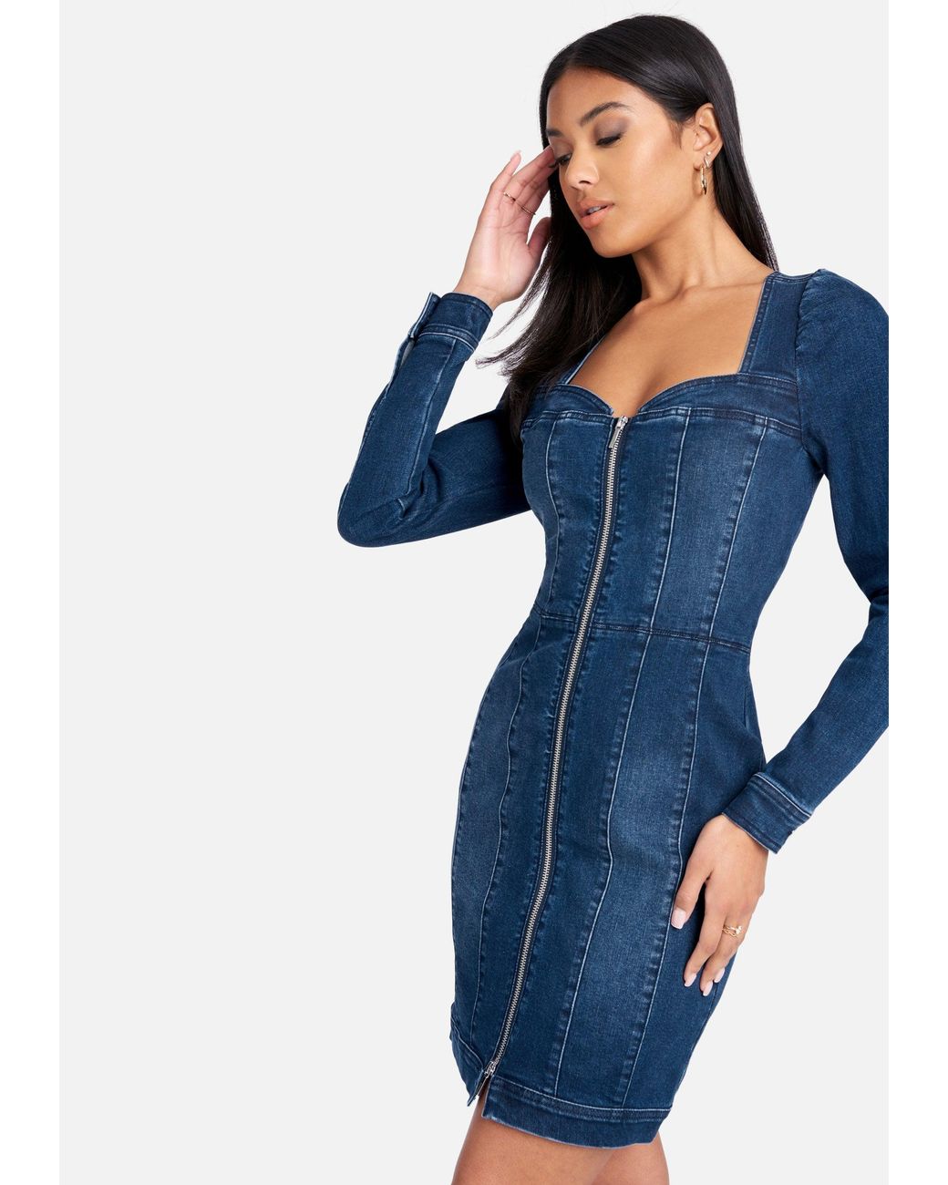 Bebe Long Sleeve Zip Front Bustier Denim Dress in Blue | Lyst