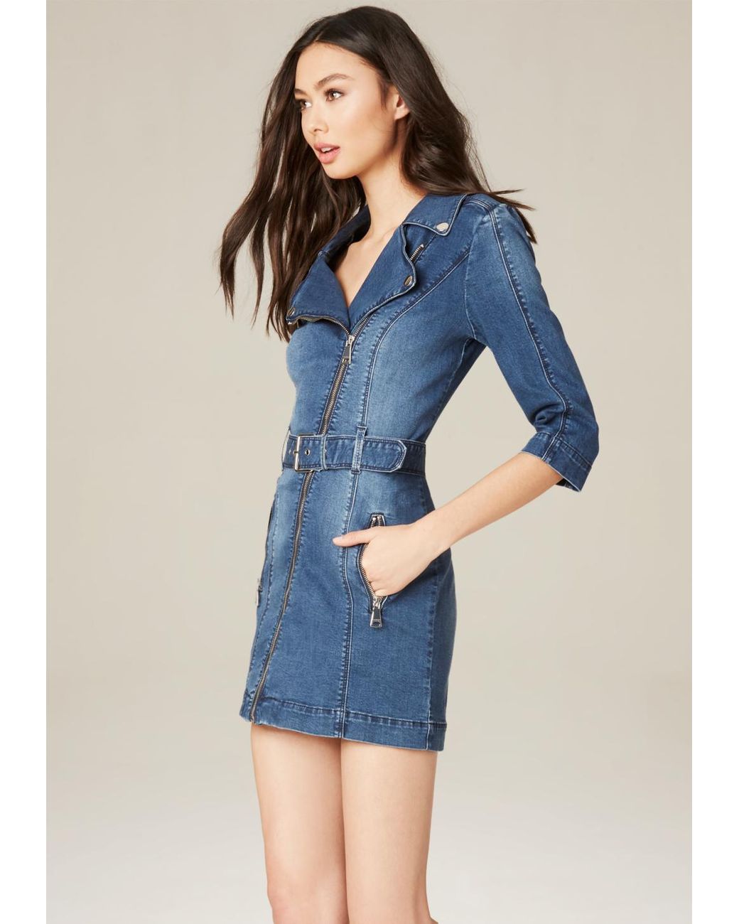 Bebe Denim Moto Dress in Blue | Lyst