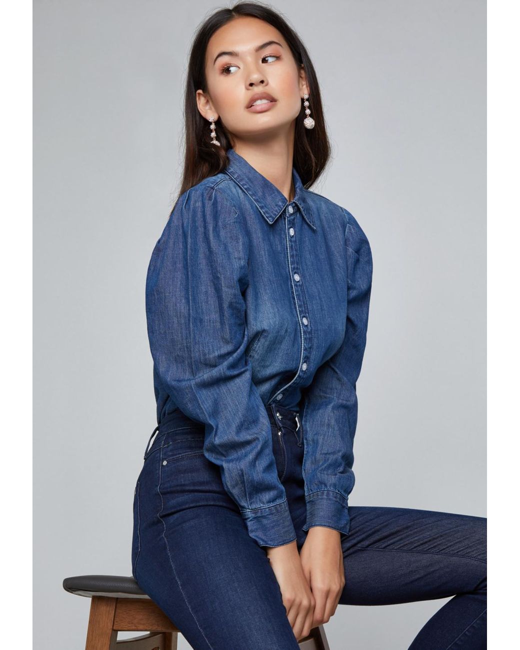 Bebe Denim Puff Sleeve Shirt in Blue | Lyst