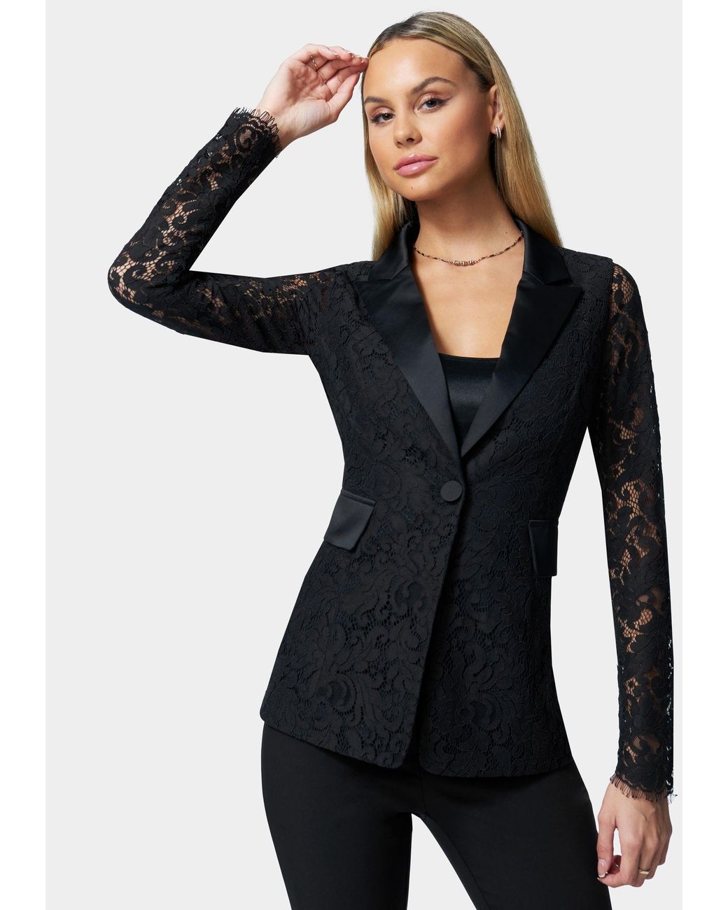 Bebe Satin Lace Tailored Blazer Jacket in Black