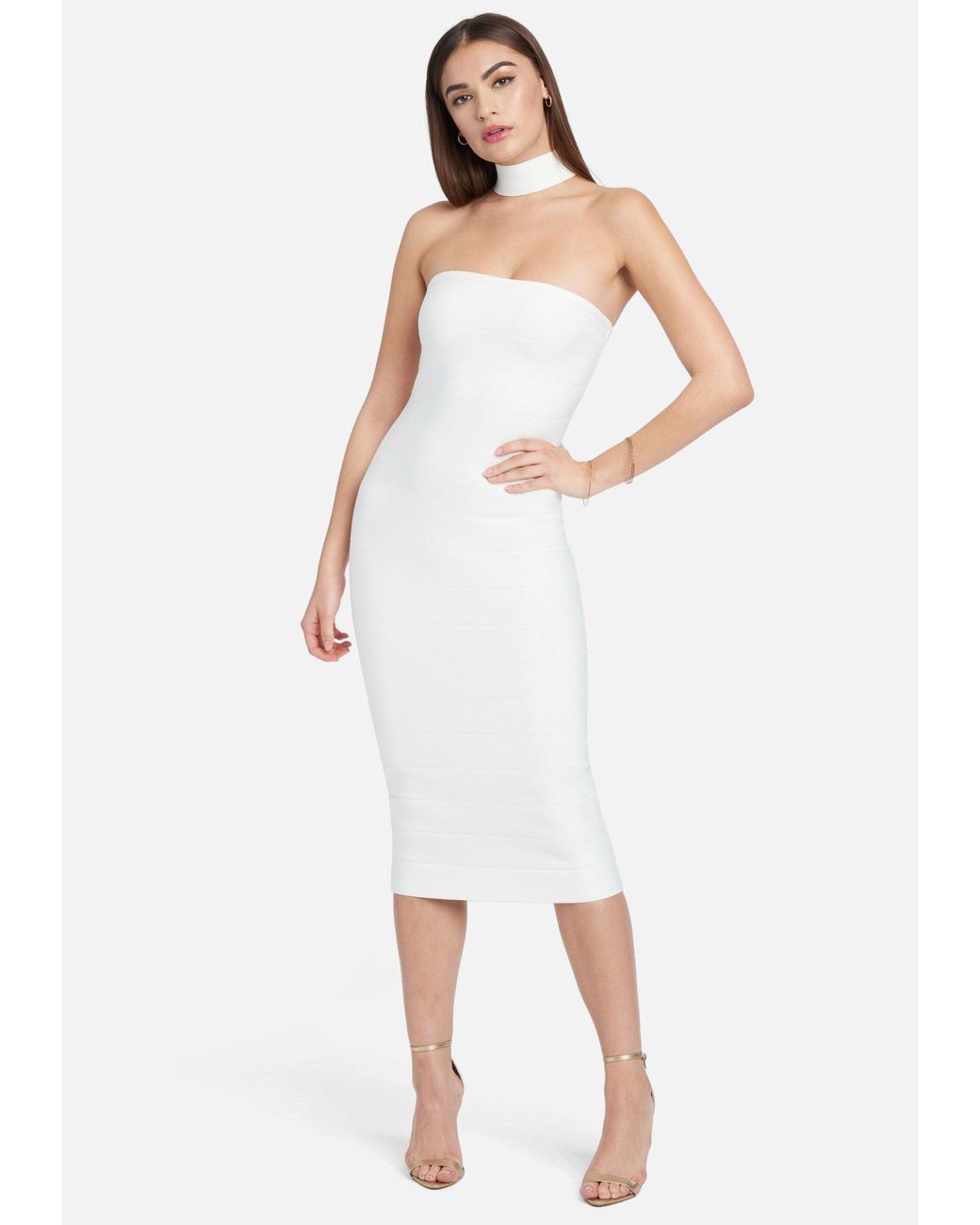 Bebe Choker Neck Bandage Midi Dress in White | Lyst
