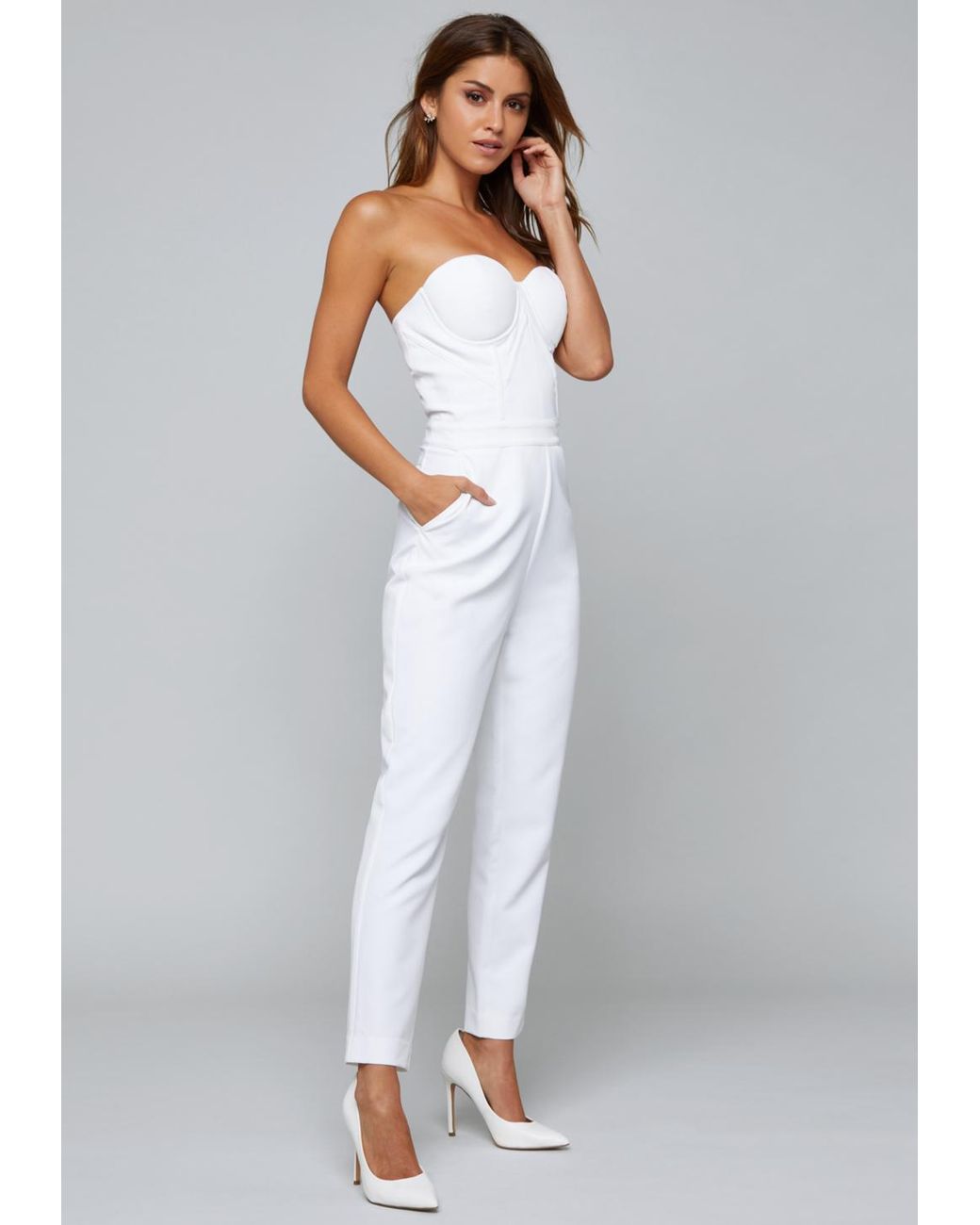 Bebe Strapless Bustier Jumpsuit in White | Lyst