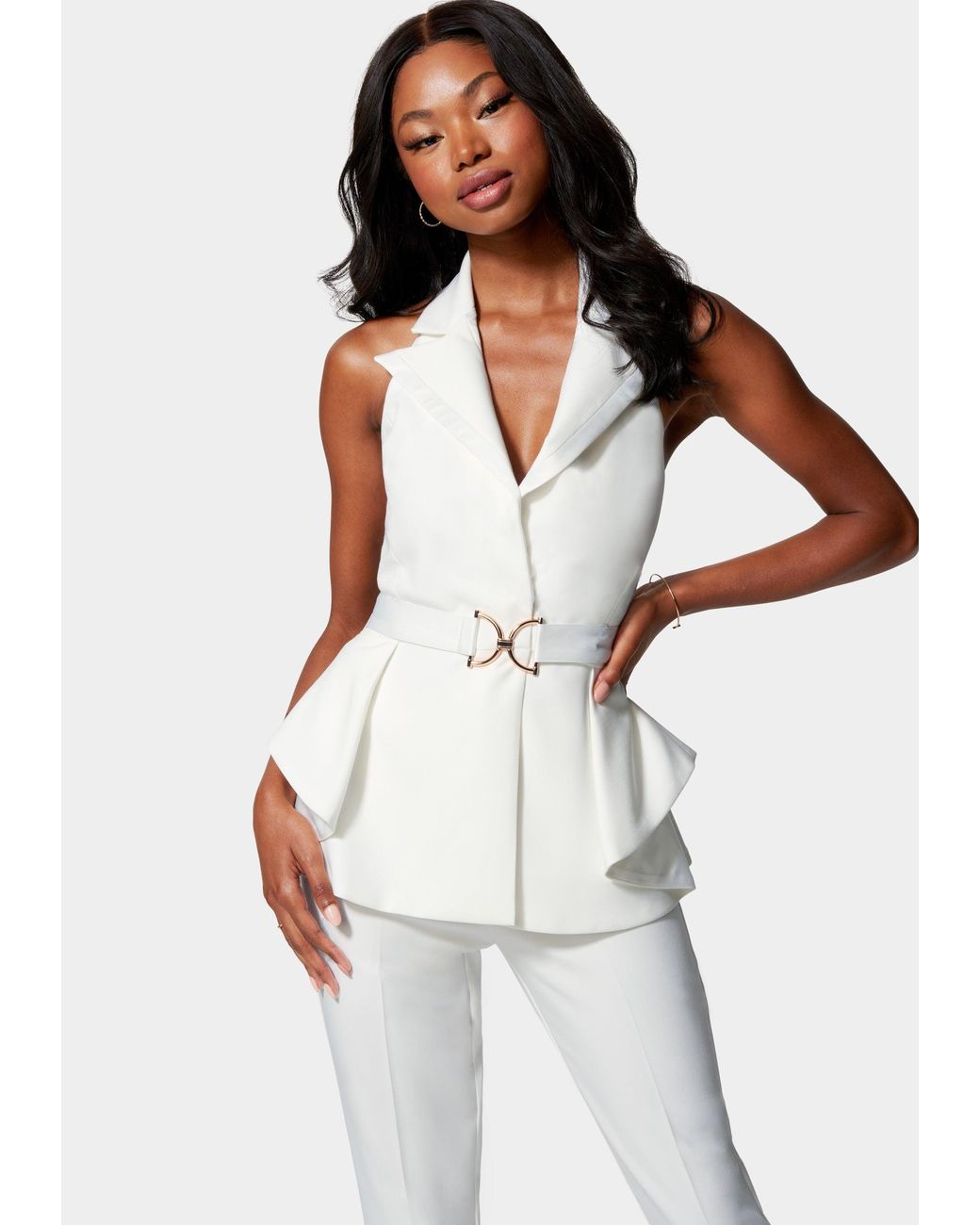Bebe Combo Satin Sleeveless Peplum Jacket in White Lyst