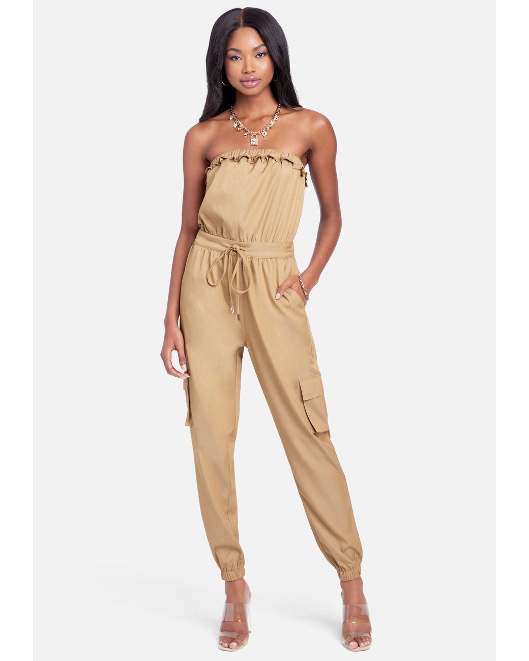 Bebe Strapless Cargo Pocket Jumpsuit in Clay (Natural) Lyst Canada