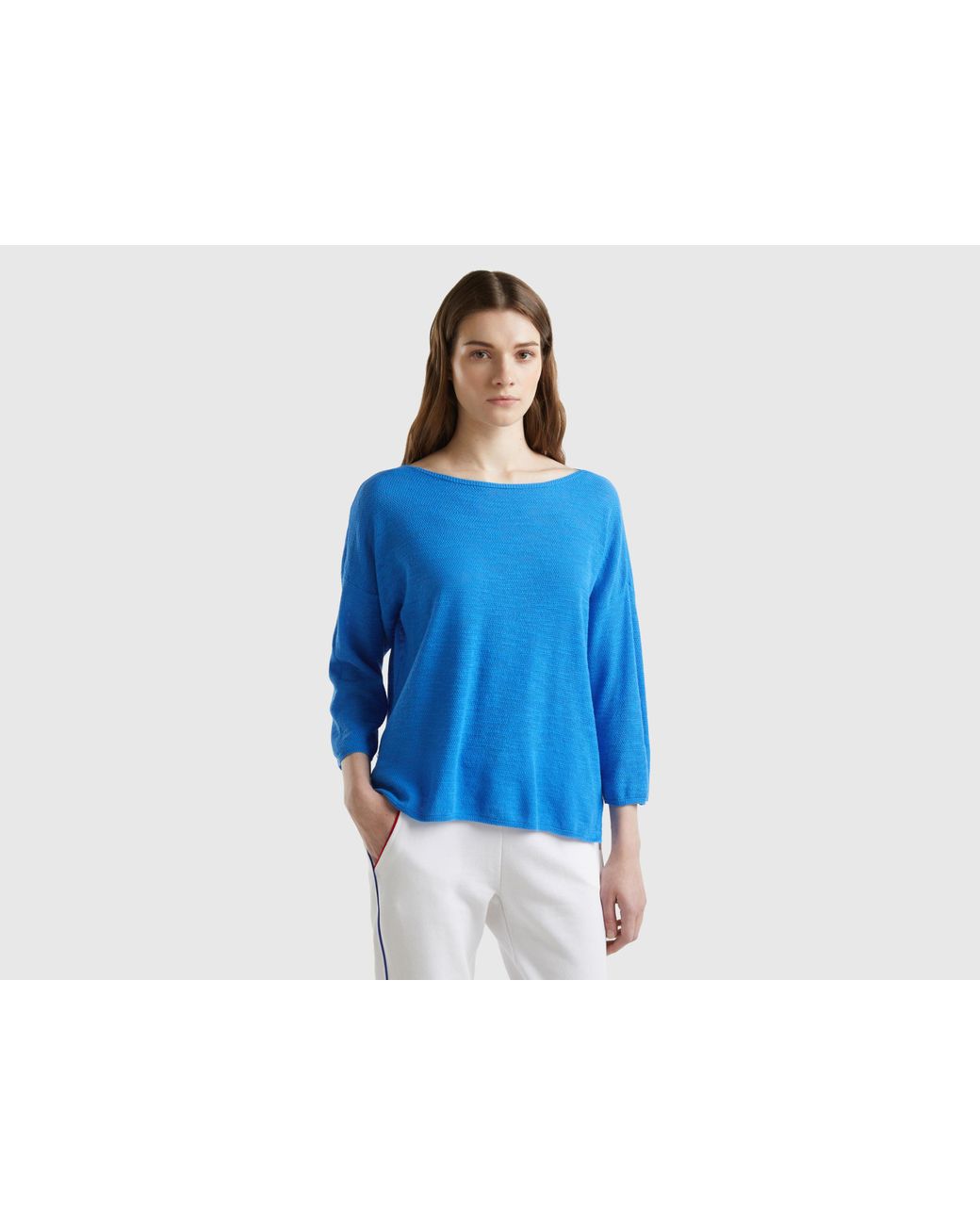 Benetton Pull En Lin Melange A Manches 3 4 Bleu Femme Benetton en coloris Bleu Lyst