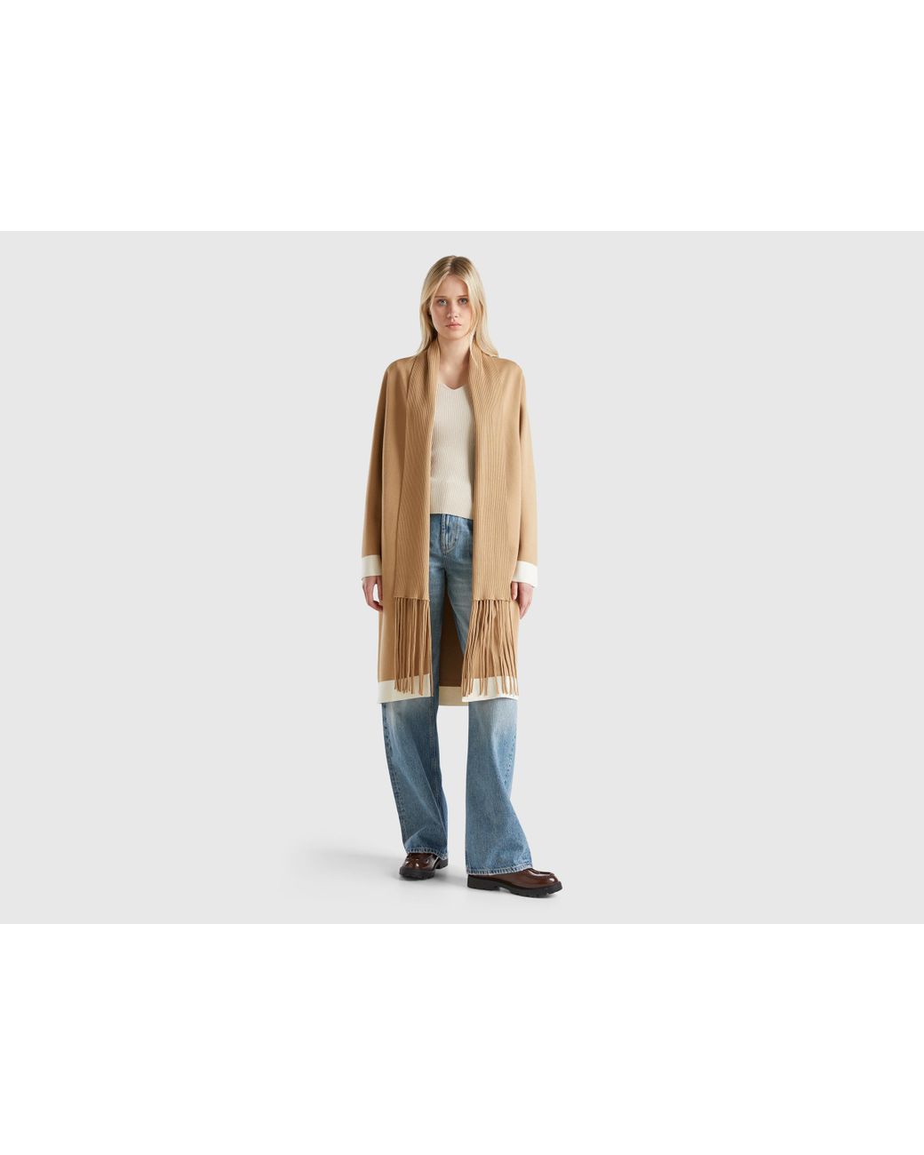 Benetton Manteau En Maille A Franges Femme Benetton en coloris Noir Lyst