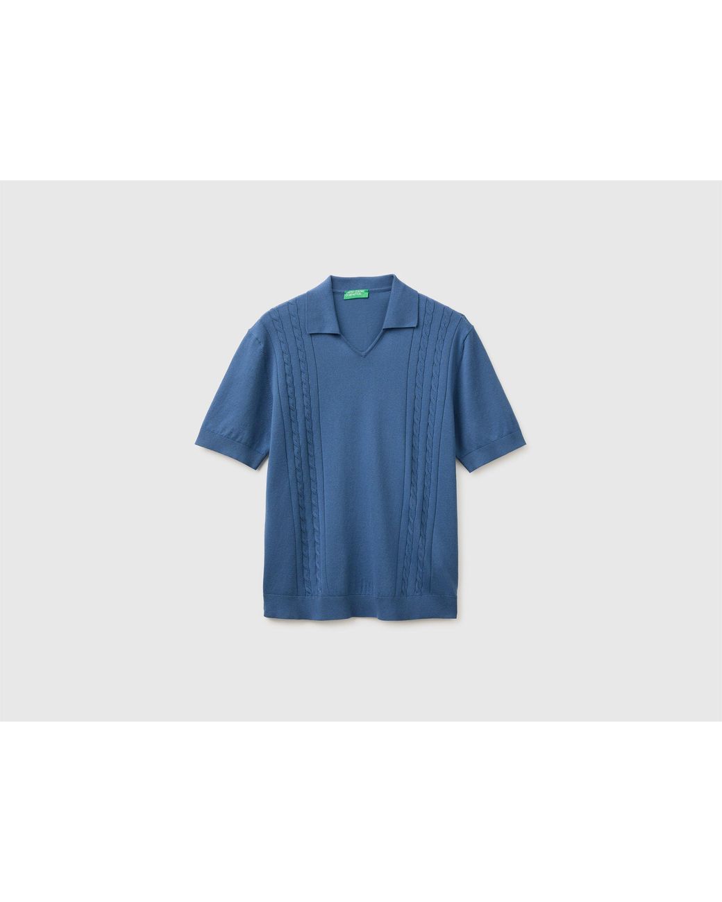 Benetton Blue Benetton, Knitted Polo Shirt With Cables for men