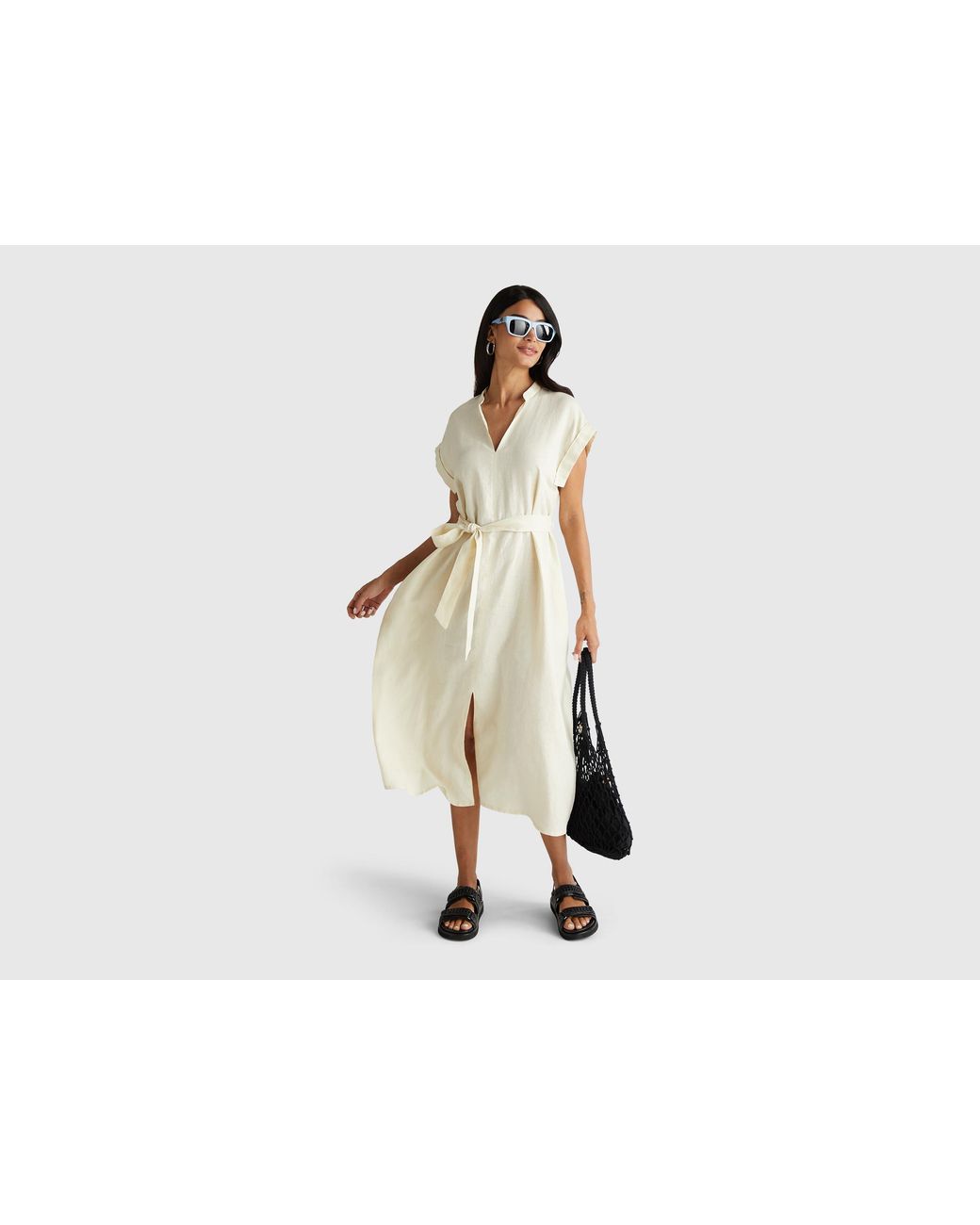 Benetton Benetton, 100% Linen Dress With Sash in Black | Lyst UK Benetton Benetton, 100% Linen Dress With Sash in Black | Lyst UK
