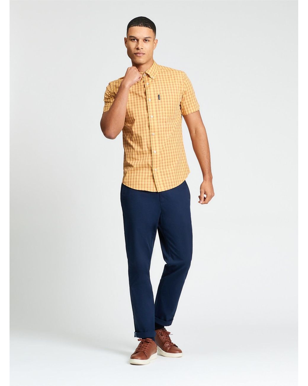 Ben Sherman Natural Short Sleeve Linear Gingham Shirt In Zest for men