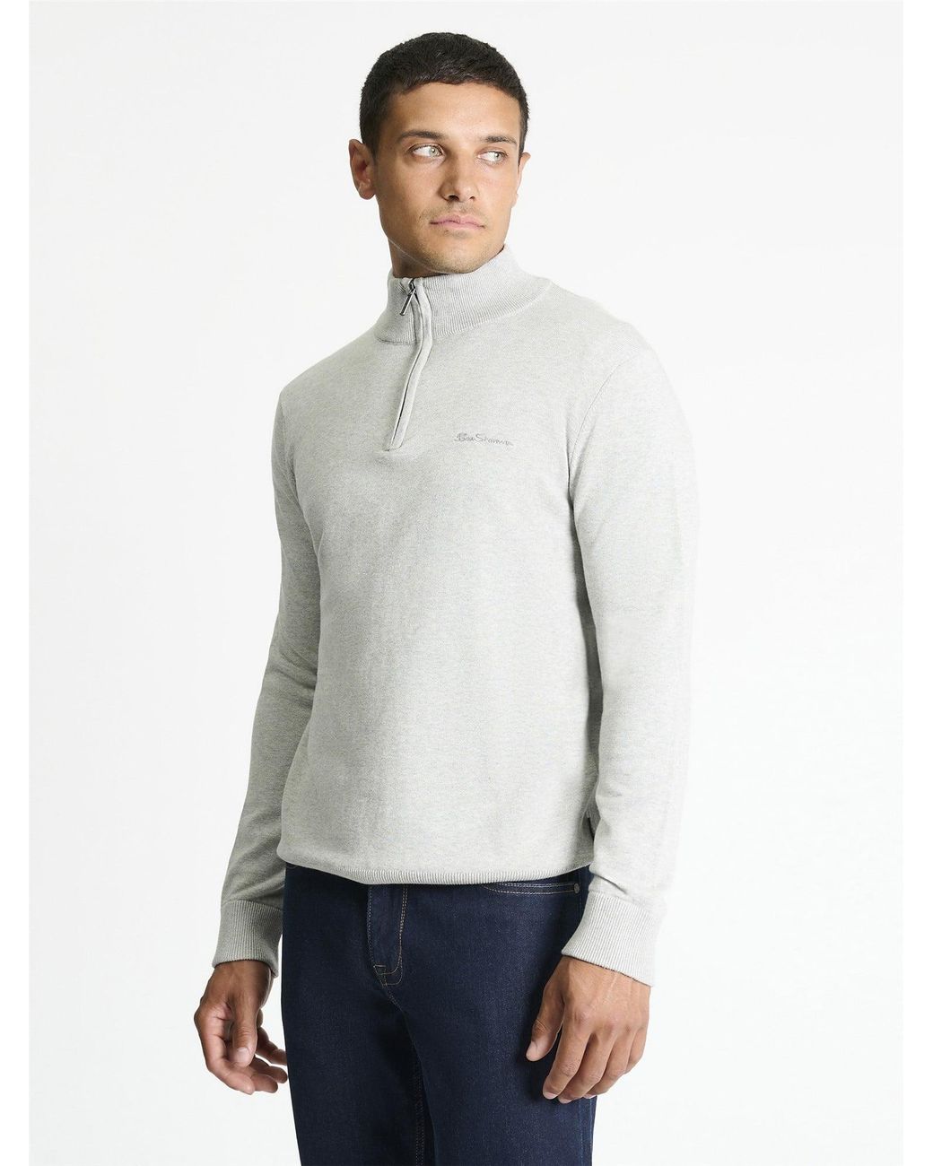 Ben Sherman White Long Sleeve 1/4 Zip Funnel Neck Sweater In Grey Marl for men