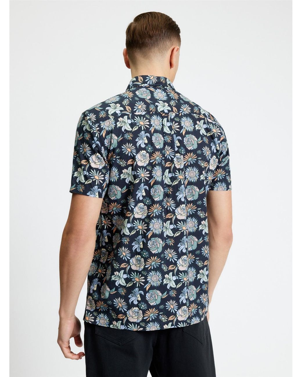 Ben Sherman Blue Short Sleeve Watercolour Floral Print Shirt In Black for men