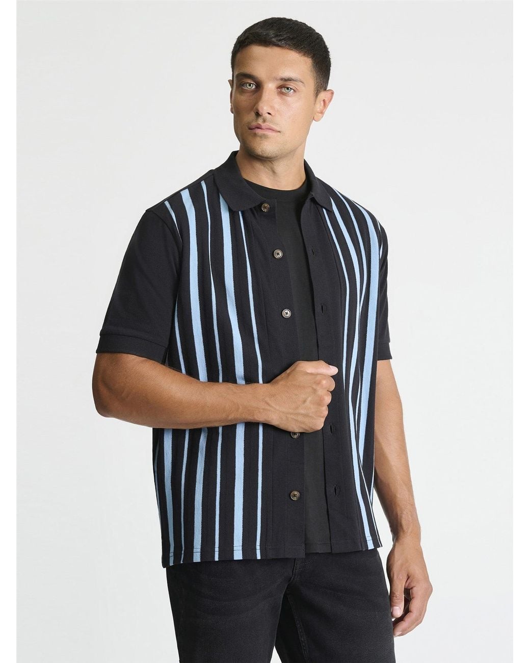 Ben Sherman Blue Button Through Stripe Polo Shirt In Black for men