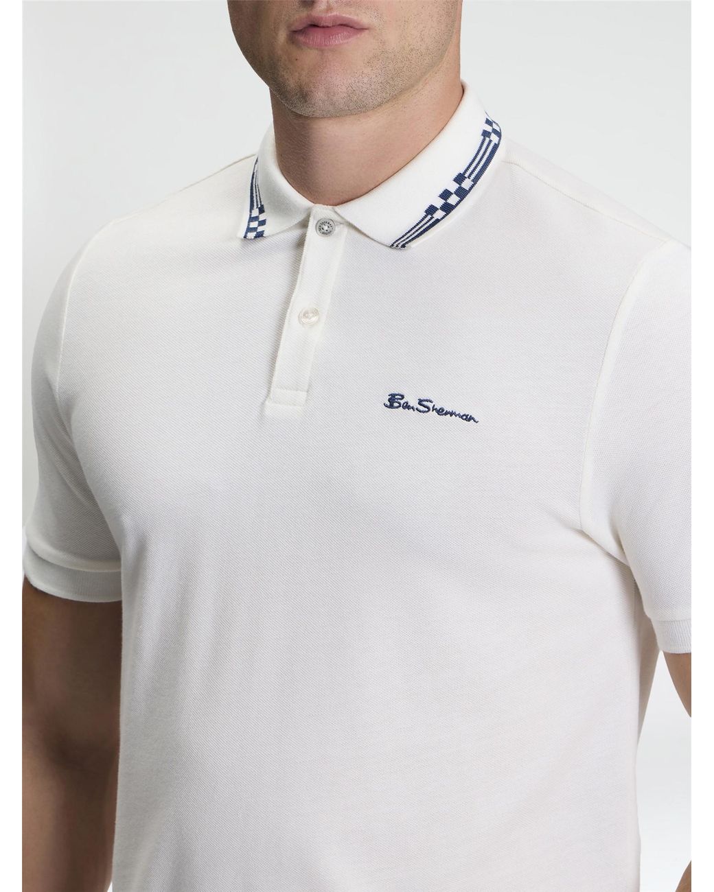 Ben Sherman White Short Sleeve Checkerboard Collar Polo In for men
