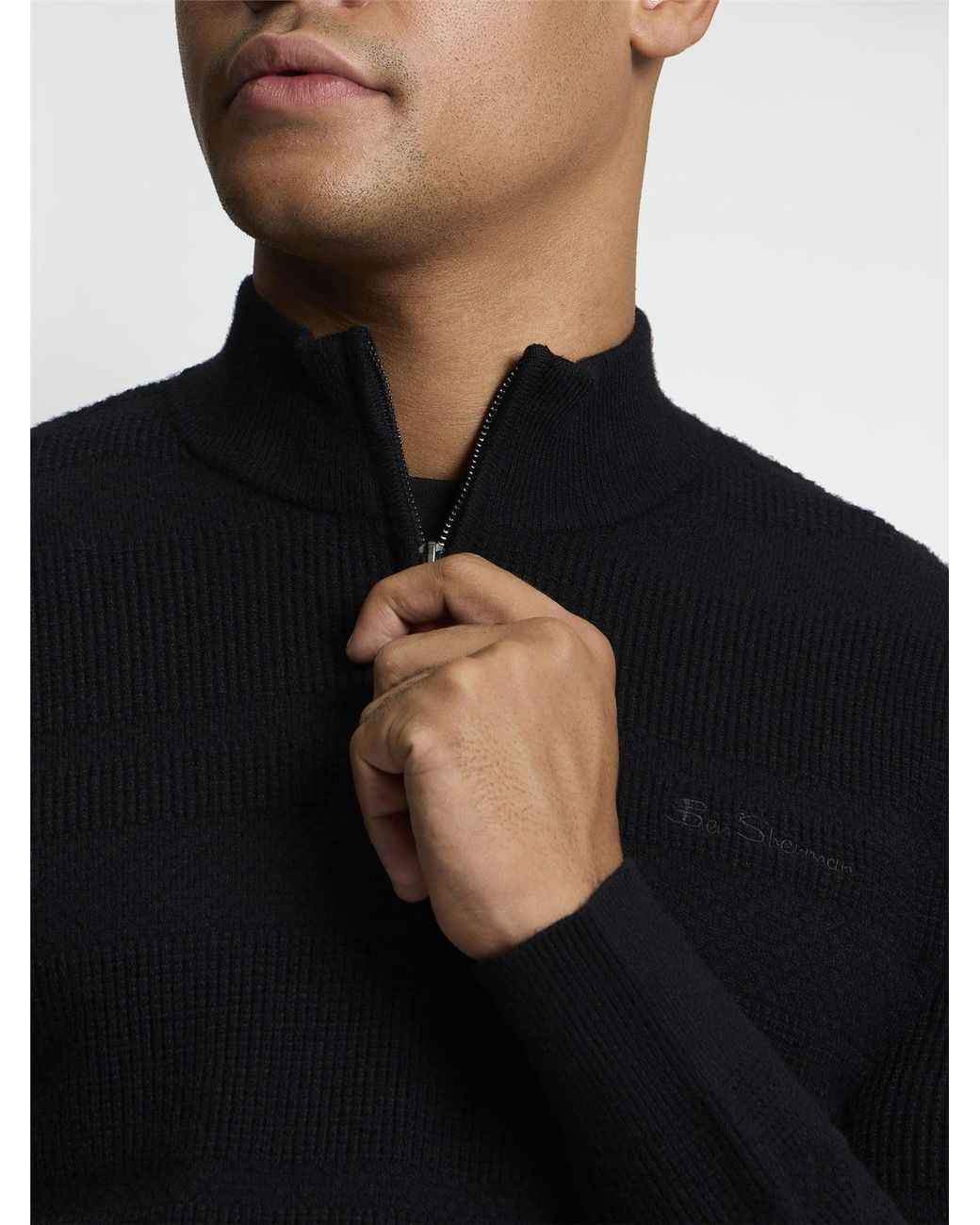 Ben Sherman Blue Long Sleeve Placed Texture 1/4 Zip Jumper In Black for men
