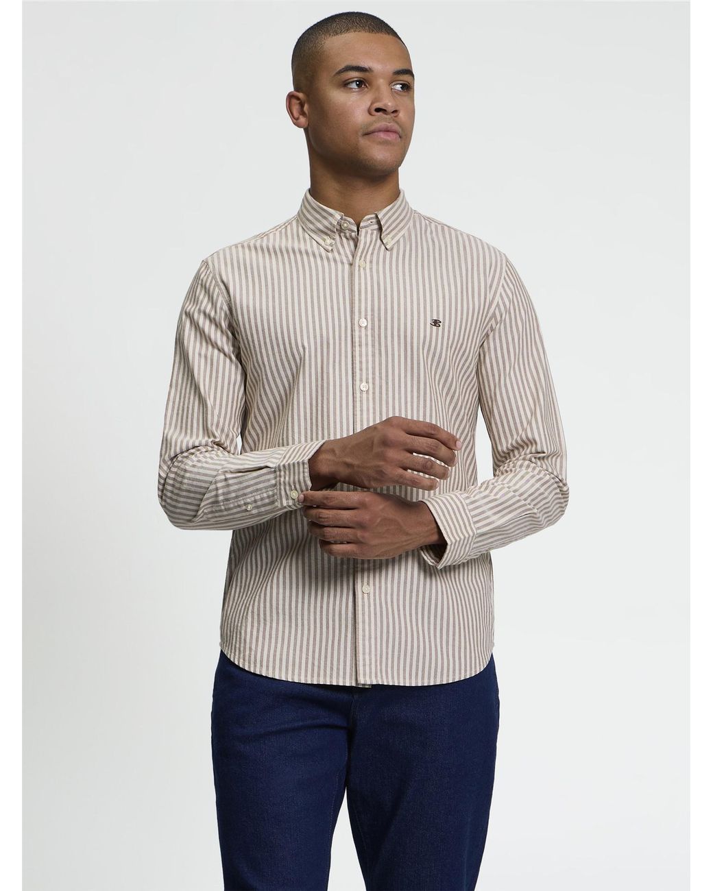 Ben Sherman Natural Long Sleeve Oxford Stripe Shirt In Brown for men