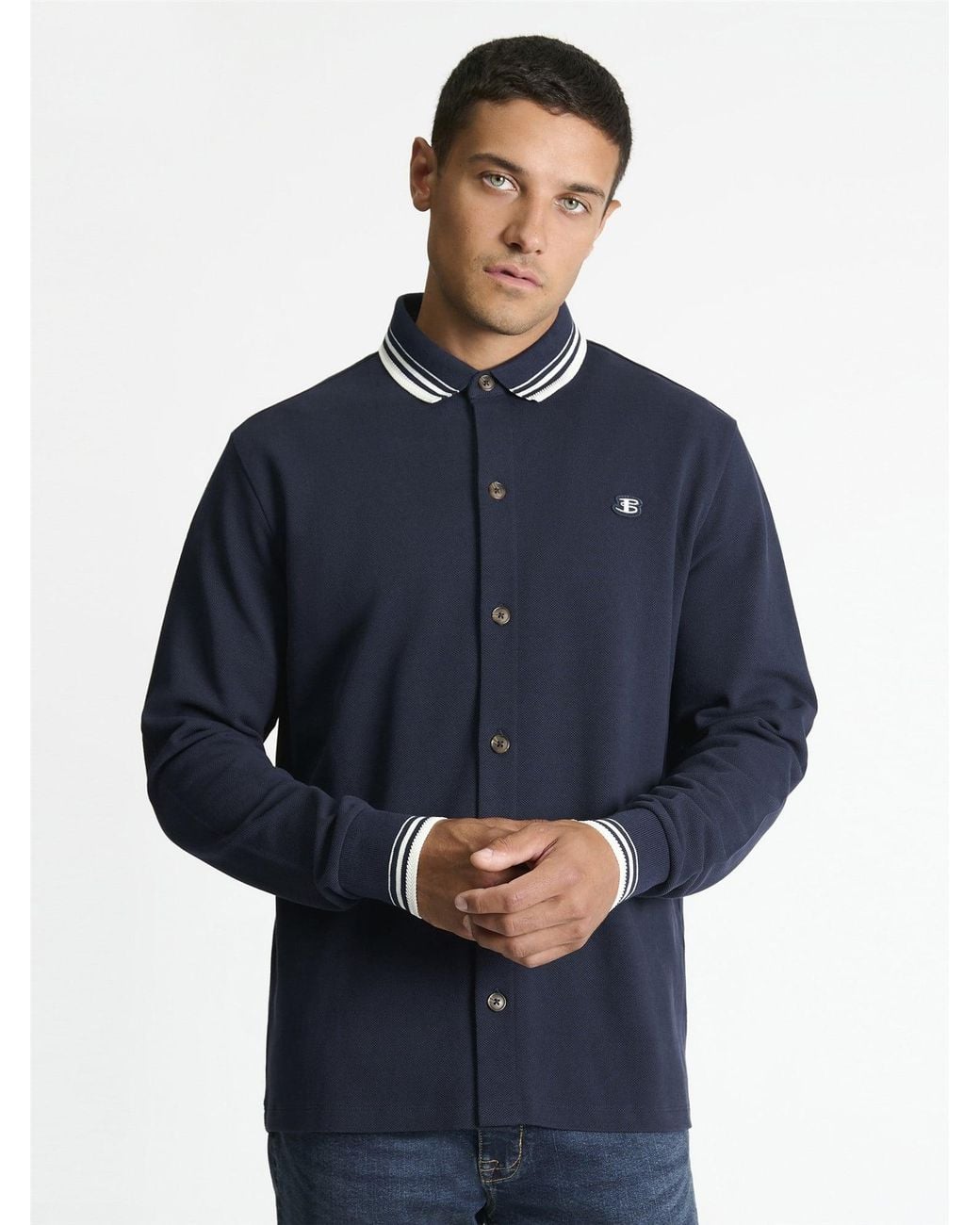 Ben Sherman Blue Tipped Long Sleeve Polo Shirt In Dark Navy for men