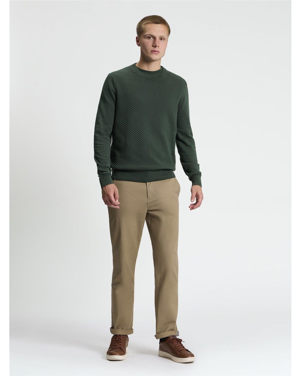 Ben Sherman Long Sleeve Texture Front Crew Neck Jumper In Bottle Green for men