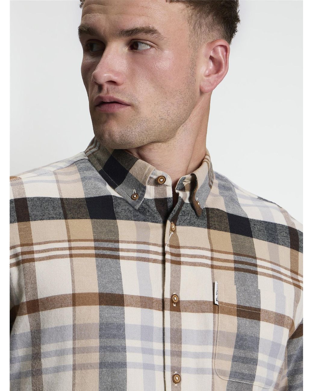 Ben Sherman Gray Long Sleeve Brushed Check Shirt In Ecru for men
