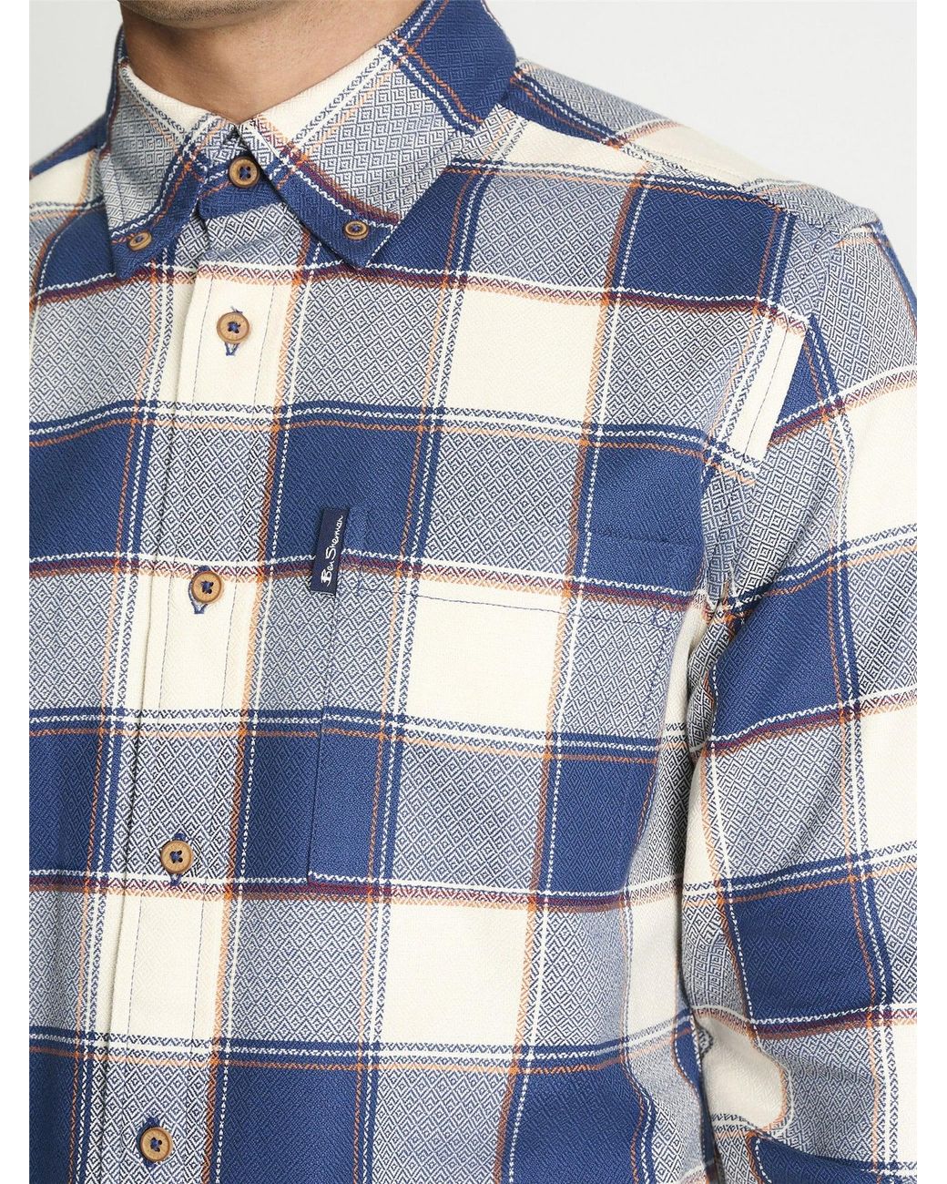 Ben Sherman Long Sleeve Geo Gingham Check Shirt In Blue Denim for men