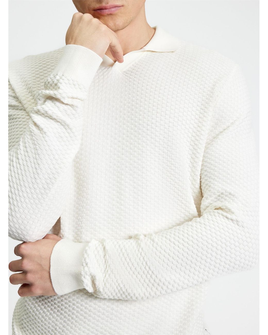 Ben Sherman White Long Sleeve Textured Open Neck Knitted Polo In Ivory for men
